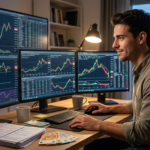 Hombre joven analizando gráficos bursátiles en tiempo real en un escritorio con múltiples monitores. Se observan velas japonesas, indicadores financieros, billetes de euro y documentos de inversión en un ambiente de oficina en casa durante el atardecer."