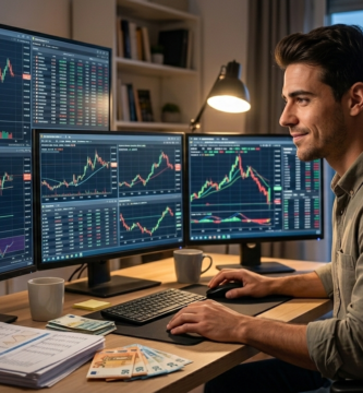 Errores Comunes al Invertir en 2026 (Y Cómo Evitarlos Desde el Principio) 1 Hombre joven analizando gráficos bursátiles en tiempo real en un escritorio con múltiples monitores. Se observan velas japonesas, indicadores financieros, billetes de euro y documentos de inversión en un ambiente de oficina en casa durante el atardecer."