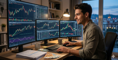 Hombre joven analizando gráficos bursátiles en tiempo real en un escritorio con múltiples monitores. Se observan velas japonesas, indicadores financieros, billetes de euro y documentos de inversión en un ambiente de oficina en casa durante el atardecer."