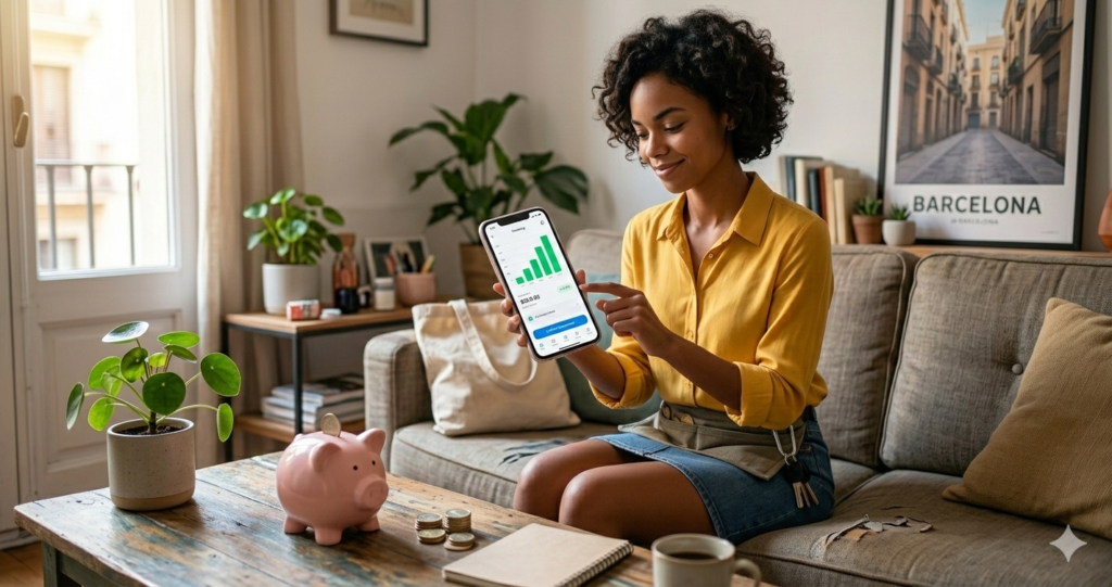 Mujer joven en su salón mostrando una aplicación móvil con un gráfico de crecimiento financiero ascendente. Sobre la mesa de madera hay una hucha de cerdito rosa, monedas apiladas, un café y una libreta, representando el ahorro mensual y la inversión accesible