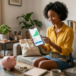 Mujer joven en su salón mostrando una aplicación móvil con un gráfico de crecimiento financiero ascendente. Sobre la mesa de madera hay una hucha de cerdito rosa, monedas apiladas, un café y una libreta, representando el ahorro mensual y la inversión accesible