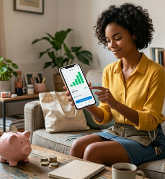 Invertir Poco Dinero Cada Mes: Estrategia Simple y Realista para 2026 2 Mujer joven en su salón mostrando una aplicación móvil con un gráfico de crecimiento financiero ascendente. Sobre la mesa de madera hay una hucha de cerdito rosa, monedas apiladas, un café y una libreta, representando el ahorro mensual y la inversión accesible