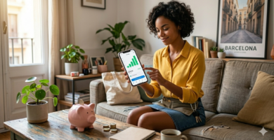 Mujer joven en su salón mostrando una aplicación móvil con un gráfico de crecimiento financiero ascendente. Sobre la mesa de madera hay una hucha de cerdito rosa, monedas apiladas, un café y una libreta, representando el ahorro mensual y la inversión accesible