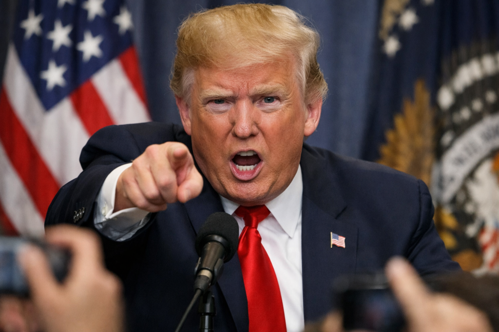 Donald Trump señalando de forma enérgica hacia el frente durante una rueda de prensa, con gesto serio y boca abierta mientras habla ante los micrófonos, con banderas de Estados Unidos desenfocadas al fondo y periodistas en primer plano.