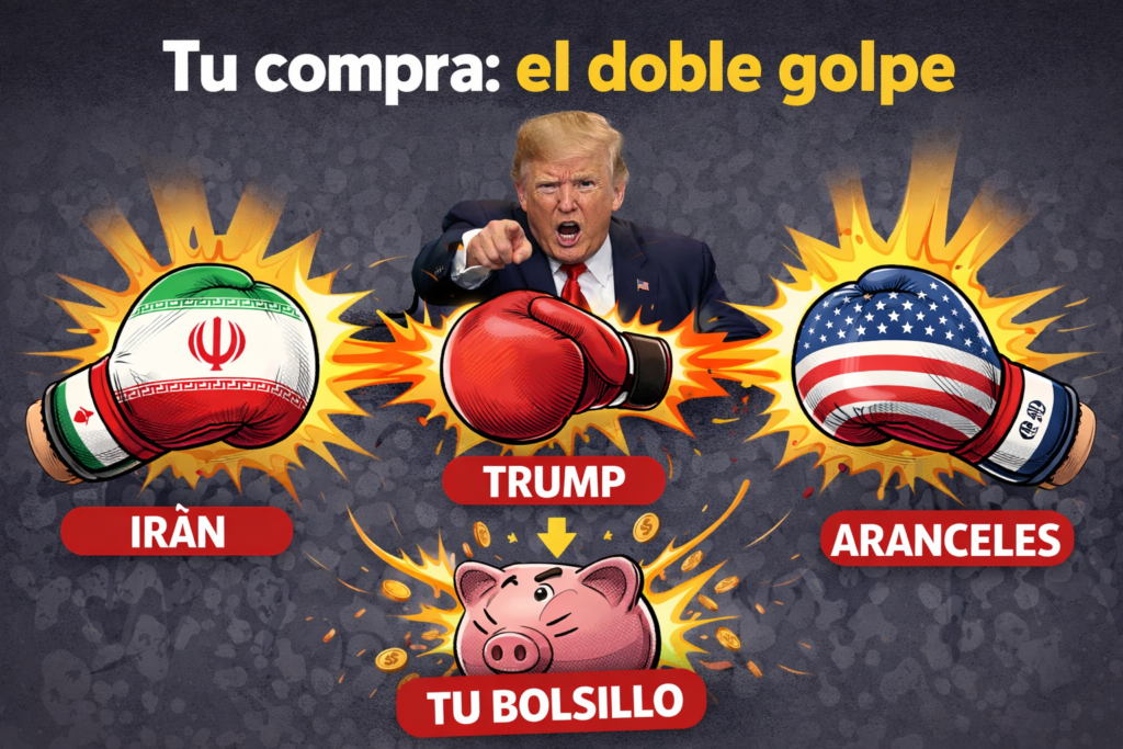 Infografía en estilo llamativo tipo cómic con el título “Tu compra: el doble golpe”. Tres guantes de boxeo etiquetados como “Irán”, “Trump” y “Aranceles” golpean hacia el centro, donde aparece una alcancía rosa con el texto “Tu bolsillo”, rodeada de monedas y efectos de explosión que simbolizan el impacto económico.
