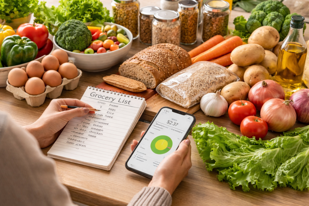 Persona en una cocina luminosa planificando la compra con una libreta y un móvil en la mano, rodeada de ingredientes económicos como verduras, huevos, arroz, pan integral y legumbres sobre la encimera, representando organización y ahorro en alimentación.