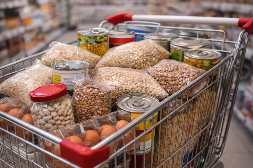 Fotografía en primer plano de un carrito de metal lleno hasta arriba con productos básicos de alimentación dentro de un supermercado. Se observan de forma clara bolsas transparentes de legumbres secas, arroz y pasta, varias latas de conserva apiladas, docenas de huevos en sus envases y botes de cristal. La imagen, con un enfoque nítido en los productos y el pasillo del supermercado desenfocado al fondo, transmite una sensación de compra de despensa completa y económica.
