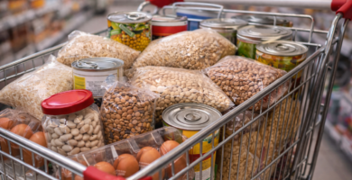Fotografía en primer plano de un carrito de metal lleno hasta arriba con productos básicos de alimentación dentro de un supermercado. Se observan de forma clara bolsas transparentes de legumbres secas, arroz y pasta, varias latas de conserva apiladas, docenas de huevos en sus envases y botes de cristal. La imagen, con un enfoque nítido en los productos y el pasillo del supermercado desenfocado al fondo, transmite una sensación de compra de despensa completa y económica.