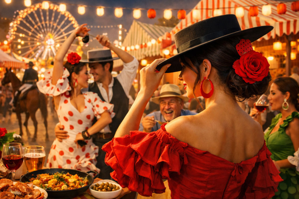 Semana Santa 2026 en España: Cuánto Te Va a Costar y Cómo Disfrutarla Sin Arruinarte 1 Personas bailando flamenco y disfrutando comida y bebida en una feria andaluza con luces, casetas y una noria al fondo durante las celebraciones de Semana Santa.
