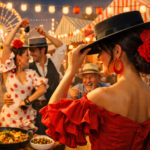 Personas bailando flamenco y disfrutando comida y bebida en una feria andaluza con luces, casetas y una noria al fondo durante las celebraciones de Semana Santa.