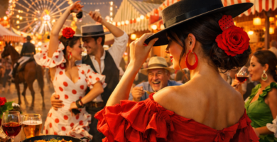 Personas bailando flamenco y disfrutando comida y bebida en una feria andaluza con luces, casetas y una noria al fondo durante las celebraciones de Semana Santa.