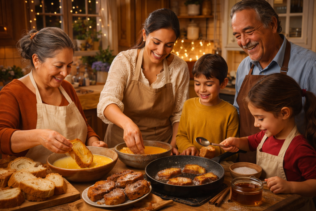 Semana Santa 2026 en España: Cuánto Te Va a Costar y Cómo Disfrutarla Sin Arruinarte 4 Familia en cocina preparando torrijas (ambiente cálido)