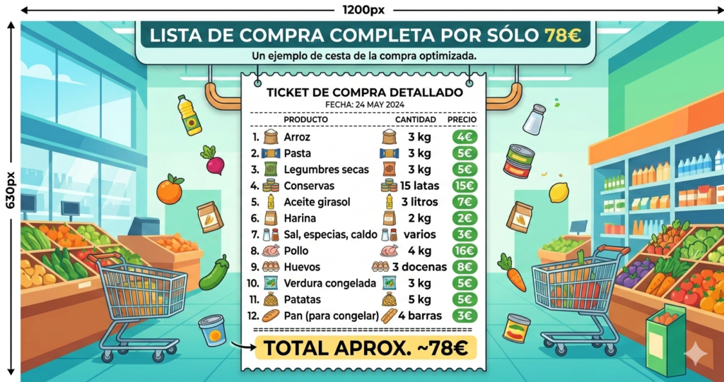 Infografía de una cesta de la compra optimizada por un total de 78€. En primer plano, a la izquierda, un carrito de metal lleno con productos reales: un pollo entero, bolsas de patatas de 5kg, botellas de aceite, cartones de huevos, latas de conserva y barras de pan. En el centro, un ticket de papel detallado desglosa 12 categorías de alimentos con sus pesos y precios individuales, desde legumbres y pasta hasta verduras congeladas. El fondo muestra un pasillo de supermercado colorido y organizado bajo el título 'Lista de compra completa por solo 78€'
