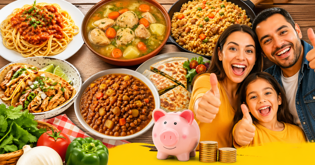 Collage colorido de comidas caseras económicas como pasta, guisos, tacos y arroz, junto a una familia feliz haciendo gesto de aprobación y una alcancía con monedas, representando ahorro en alimentación familiar.