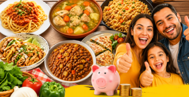 Collage colorido de comidas caseras económicas como pasta, guisos, tacos y arroz, junto a una familia feliz haciendo gesto de aprobación y una alcancía con monedas, representando ahorro en alimentación familiar.