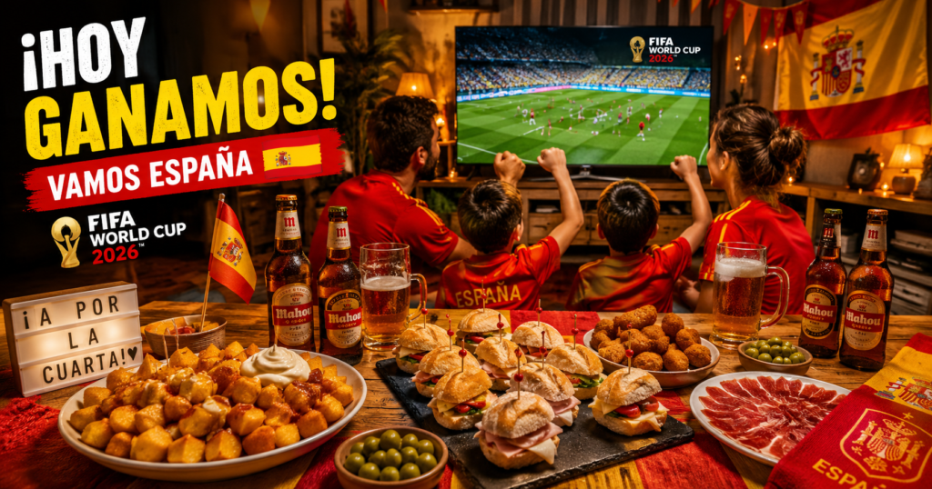 Mesa de salón española con picoteo de fútbol: patatas bravas, bocadillos mini, cervezas frías y TV mostrando un partido del Mundial 2026. Colores rojo y amarillo, iluminación cálida, ambiente familiar.