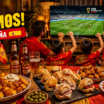 Mesa de salón española con picoteo de fútbol: patatas bravas, bocadillos mini, cervezas frías y TV mostrando un partido del Mundial 2026. Colores rojo y amarillo, iluminación cálida, ambiente familiar.