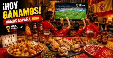 Mesa de salón española con picoteo de fútbol: patatas bravas, bocadillos mini, cervezas frías y TV mostrando un partido del Mundial 2026. Colores rojo y amarillo, iluminación cálida, ambiente familiar.