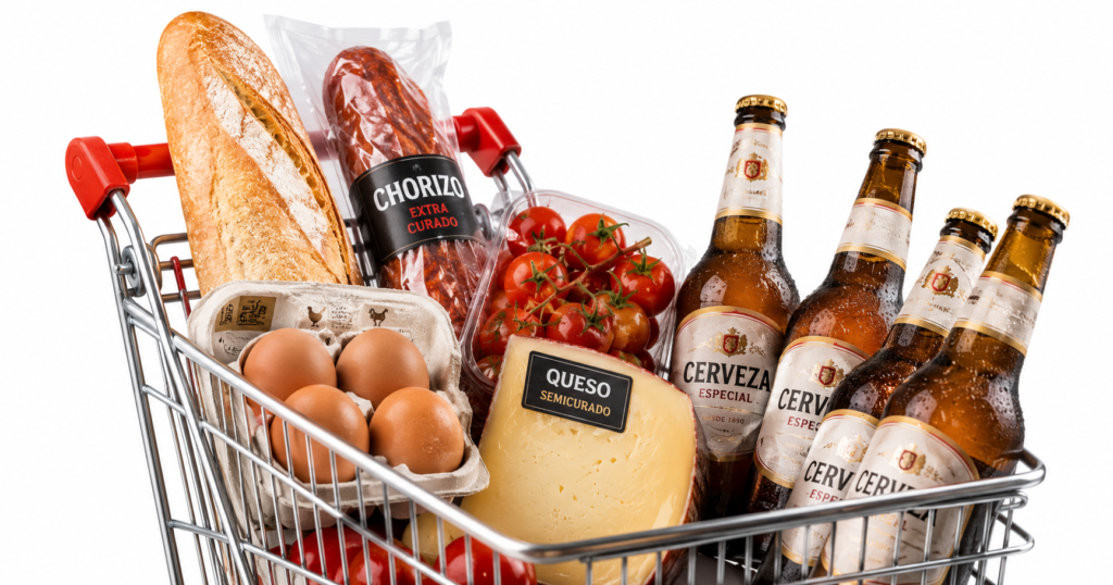 Carrito de supermercado con chorizo, pan, queso, tomates cherry, huevos y cervezas. Fondo blanco, estilo editorial blog cocina.